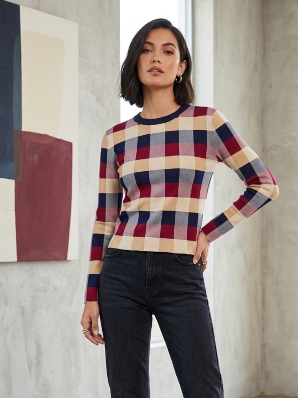 Endless Rose Anthropologie Plaid Long Sleeve Sweater Size L